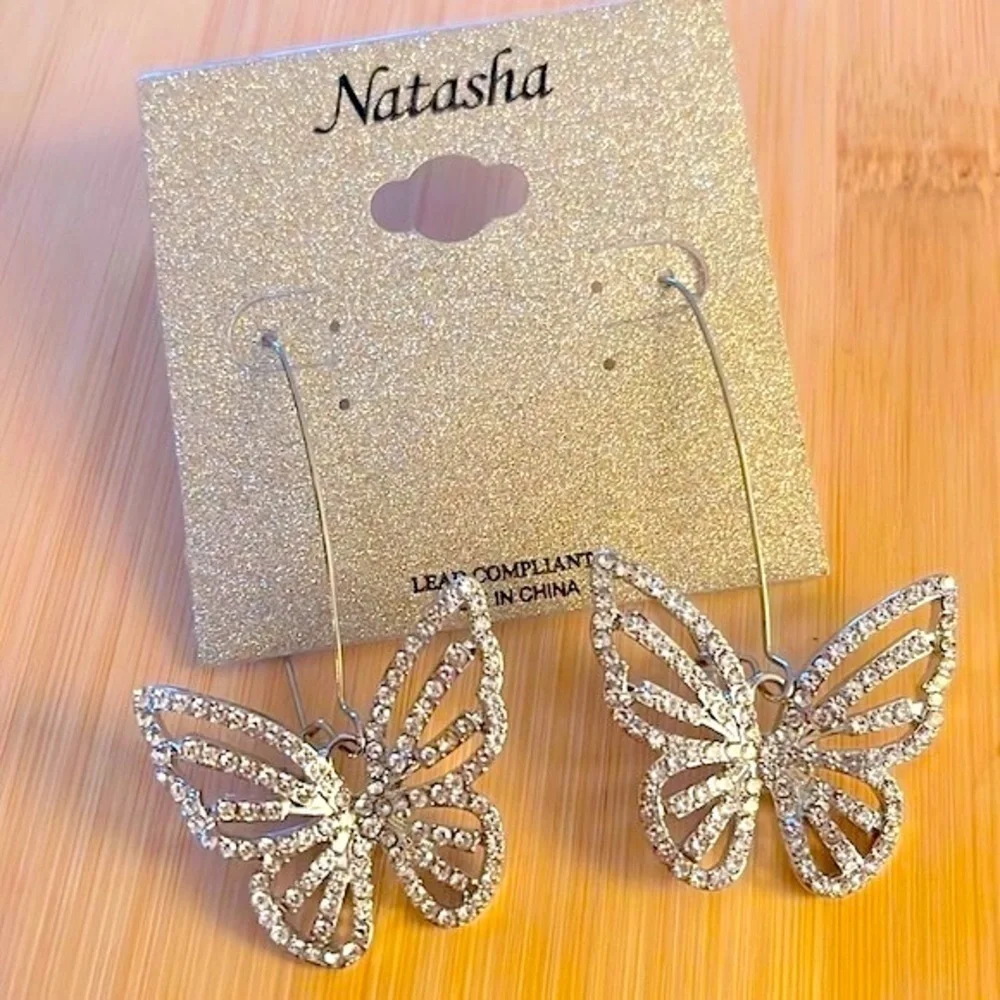 Brand New Natasha Rhinestone Butterfly Silver Tone Drop Earrings Sparkly
